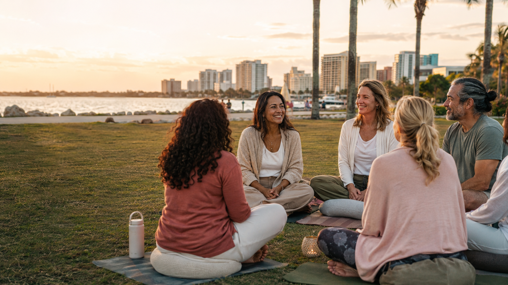 A group of people sitting in a supportive wellness circle outdoors at sunset with the Sarasota skyline in the background